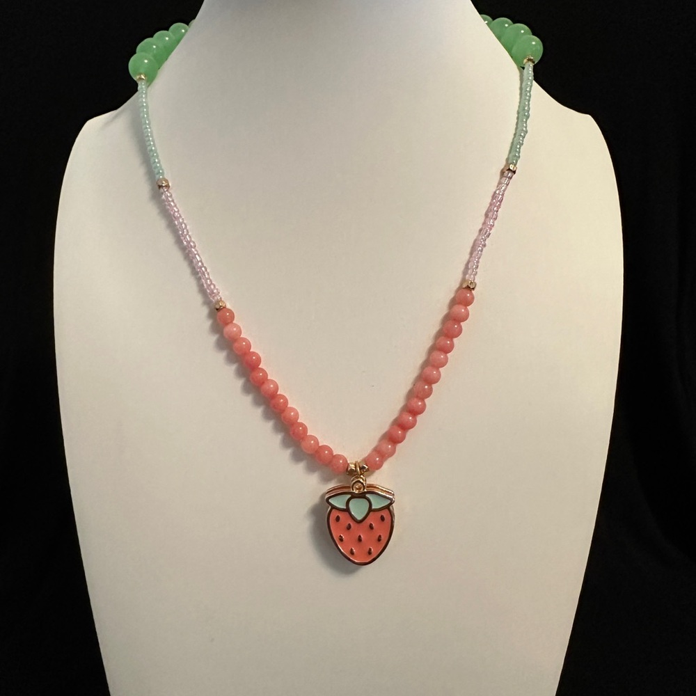 Handmade Beaded Strawberry Pendant Necklace Pink Green Fruit Charm One of a Kind